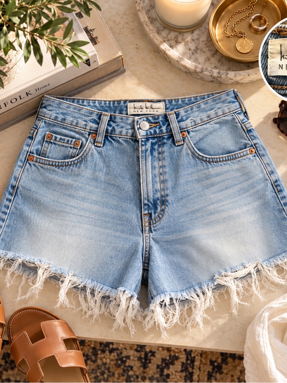 Nicole Miller Light Wash Frayed Hem Denim Shorts